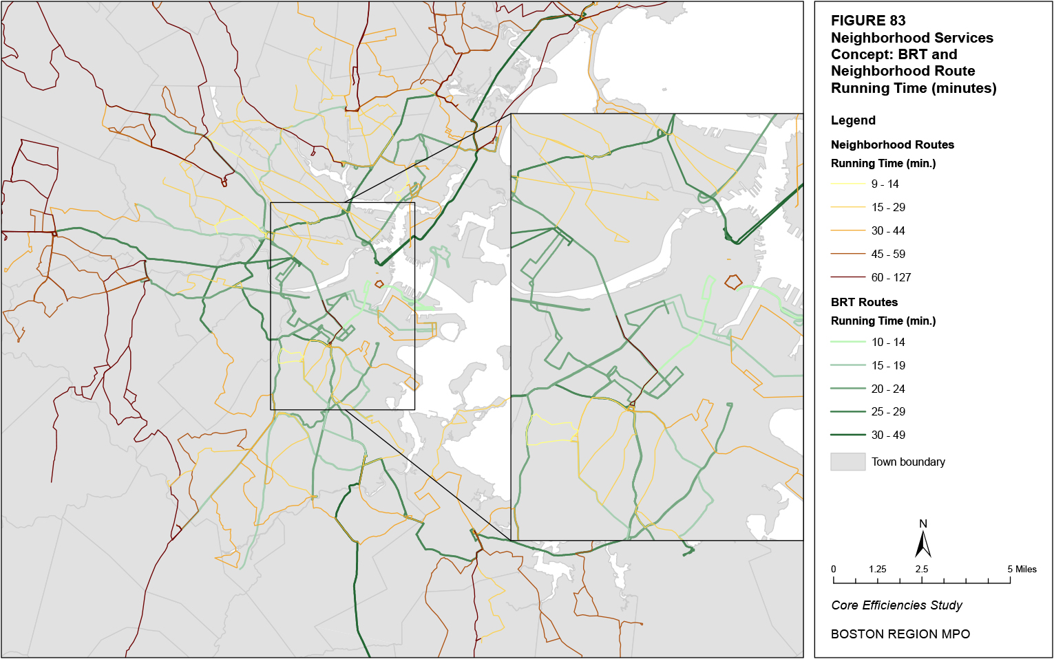 This map shows the estimated route running times of neighborhood and BRT routes.